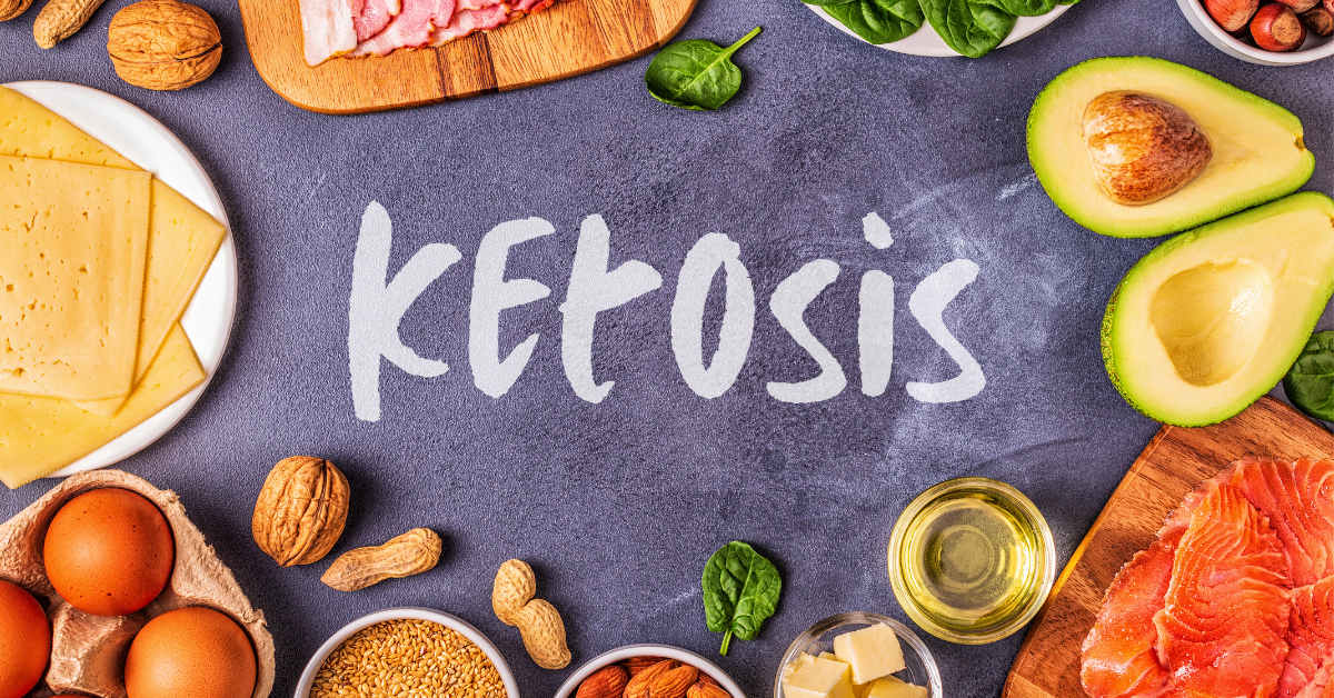 Ketosis On Blackboard With Fruits And Vegetables
